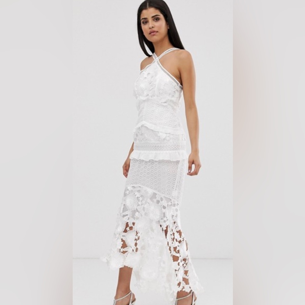 ASOS True Decadence white lace dress, high-low floral hem. Perfect for brides!